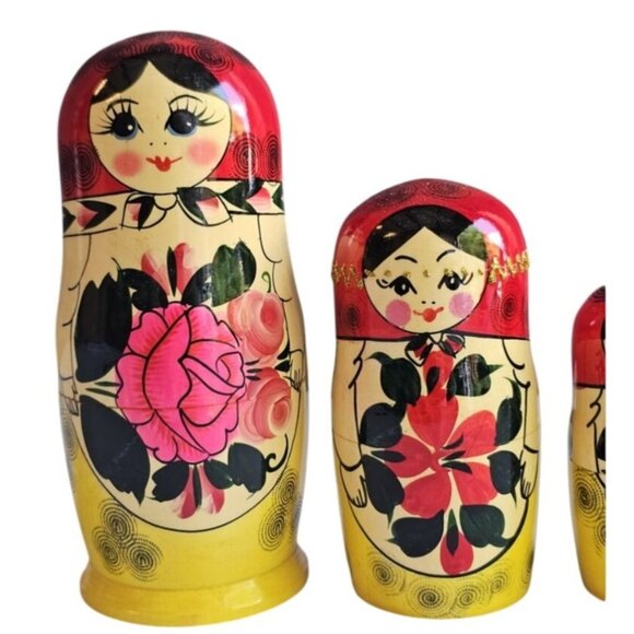 Russian Nesting Dolls Set of 7 Hand Painted Russia Floral Woman Aprx 6" - Picture 5 of 7